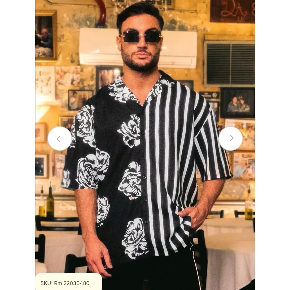 BoohooMAN Mens M Black White Rose Floral Striped Split Oversized Boxy Shirt